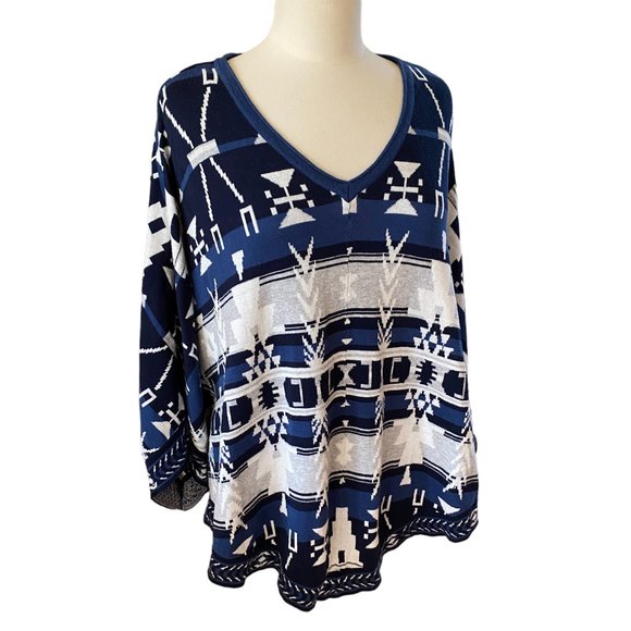 Democracy Aztec Southwestern Knit Poncho Blue Western Cowgirl Equestrian Rodeo-L - Picture 1 of 15